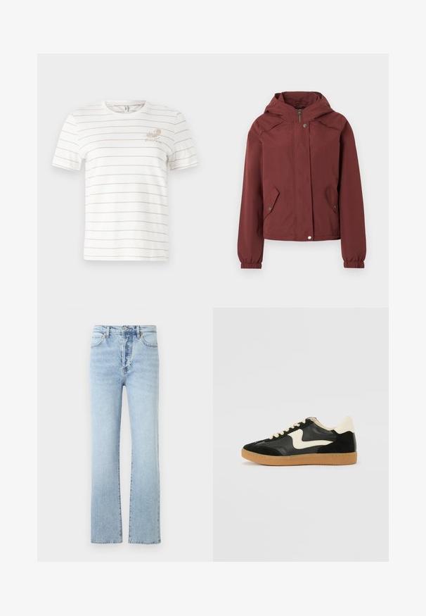 Veste à capuche marron avec fermeture éclair avant et boutons-pression, deux poches à rabat à l'avant avec boutons-pression, et poignets élastiques.; T-shirt blanc en coton avec de fines rayures horizontales beiges, col rond, manches courtes, et un petit motif imprimé sur la poitrine gauche.; Jean en denim bleu clair avec une coupe droite, dotés d'une taille haute, d'un style classique à cinq poches et d'un léger effet délavé.; Baskets en daim et cuir noir avec un swoosh latéral crème et un talon crème clair. Dotées de lacets beige et d'une semelle en caoutchouc gomme.