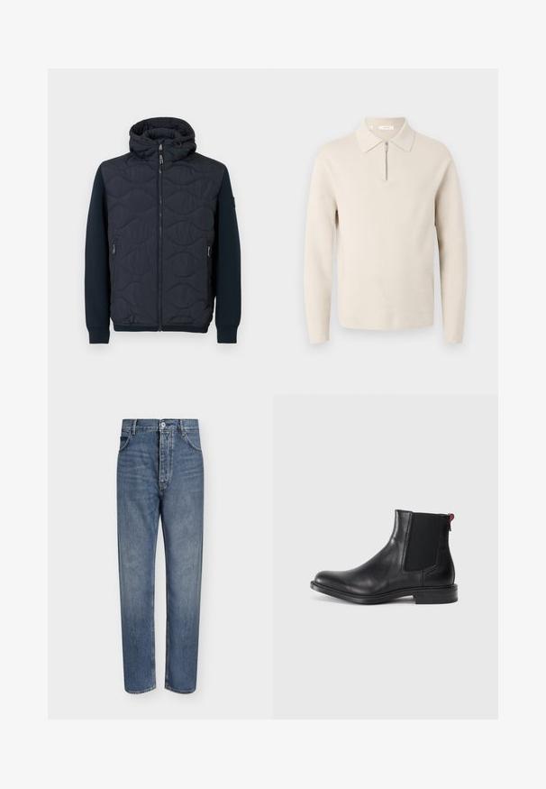 Marineblaue gesteppte Jacke mit Kapuze, ausgestattet mit einem Reißverschluss und zwei seitlichen Taschen. Die Ärmel sind einfarbig marineblau und bestechen durch eine kontrastierende Textur.; Beiger Pullover mit langen Ärmeln, Kragen und kurzem Frontreißverschluss, gezeigt auf weißem Hintergrund.; Gerade geschnittene blaue Jeans aus Denim mit hoher Taille, Frontknopfverschluss und Fünf-Taschen-Design auf einem schlichten hellen Hintergrund.; Schwarze Leder-Chelsea-Stiefel mit elastischen Seitenteilen, runder Zehenform und niedrigem gestapeltem Absatz. Mit rotem Zugband und dezenten Branding an der Seite.