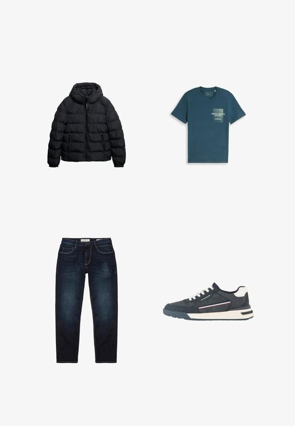 Doudoune noire avec capuche, présentant des panneaux quiltés horizontaux, deux poches zippées à l'avant et un ourlet et des poignets élastiqués.; T-shirt à manches courtes bleu sarcelle foncé avec col rond, texte "DENIM DESIGN STUDIO" et motif sur le côté gauche de la poitrine.; Jean en denim bleu foncé avec une coupe standard, doté d'une fermeture éclair, de cinq poches et de coutures jaunes contrastantes. Texture lisse dans l'ensemble.; Baskets pour hommes bleu marine et blanc avec lacets blancs, bout perforé, détail rayé sur le côté et accent de marque sur le panneau latéral.