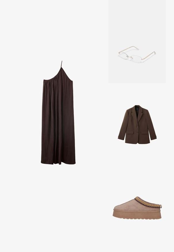 Blazer marrón a medida con dos botones, solapas con muesca, mangas largas y bolsillos con solapa en la parte delantera sobre fondo blanco.; Vestido largo de un solo hombro de color marrón oscuro con una tira fina y tela fruncida en el escote sobre fondo blanco.; Zapato marrón de ante sin cordones con una suela gruesa y texturizada, que presenta un intrincado bordado amarillo y marrón a lo largo del borde superior.; Gafas de metal dorado con lentes ovalados, brazos delgados y almohadillas nasales transparentes. Presentan sutiles acentos en las bisagras y lentes transparentes.