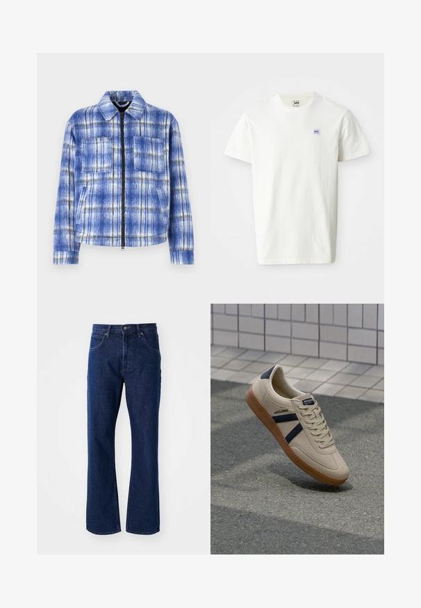 Veste à carreaux bleus avec fermeture éclair à l'avant, deux poches poitrine et un col structuré. Fabriquée dans un tissu texturé avec des accents blancs et noirs.; T-shirt en coton blanc avec un col rond et des manches courtes. Affiche un petit logo rectangulaire en bleu et violet de Lee sur la poitrine gauche.; Jeans en denim droite bleu marine avec fermeture par bouton et fermeture éclair, passants de ceinture et poches avant, sur un fond uni.; Baskets beiges avec une finition texturée, bandes navy et semelle en caoutchouc. Équipées d'une languette rembourrée et d'un système de laçage traditionnel pour un maintien sécurisé.