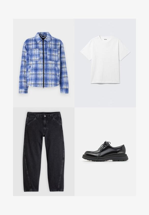 Blåternet jakke med lynlås foran, to brystlommer og en struktureret krave. Fremstillet af tekstureret stof med hvide og sorte accenter.; Hvid kortærmet crewneck T-shirt lagt fladt ud, ensfarvet design, med "WEEKDAY" mærkat inde i kraven på en lys baggrund.; Sorte denimjeans med løs pasform, der har en standard-taljebånd, femlomme-design og kontrastsyning langs sømmene.; Sorte læder dressko med rund tå, tyk gummisål, snørebåndsdesign og markant syning langs kanten.