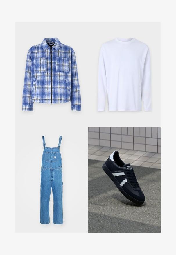 Blau karierter Mantel mit Reißverschluss vorne, zwei Brusttaschen und strukturiertem Kragen. Hergestellt aus strukturiertem Stoff mit weißen und schwarzen Akzenten.; Weißes Langarm-T-Shirt aus weicher Baumwolle, mit Rundhalsausschnitt und dezenten Nähdetails an der Vorderseite und den Schultern.; Denim-Overalls mit verstellbaren Trägern, weitem Bein und einer Vordertasche mit Etikett. Hellblaue Farbe mit strukturierter Oberfläche.; Schwarze Leder-Sneaker mit weißen Streifen, strukturiertem Gummisohle und Schnürung. Verfügt über ein Markenetikett auf der Zunge.