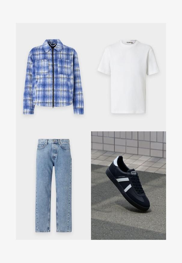 Blau karierter Mantel mit Reißverschluss vorne, zwei Brusttaschen und strukturiertem Kragen. Hergestellt aus strukturiertem Stoff mit weißen und schwarzen Akzenten.; Weißes, kurzärmeliges T-Shirt mit Waffelstrick und Rundhalsausschnitt, mit kleinem Markenetikett im Kragen, auf einfarbigem Hintergrund präsentiert.; Hellblaue Jeans aus Denim mit lockerer Passform, geradem Bein, fünf Taschen und sichtbaren Nähten an den Säumen.; Schwarze Leder-Sneaker mit weißen Streifen, strukturiertem Gummisohle und Schnürung. Verfügt über ein Markenetikett auf der Zunge.