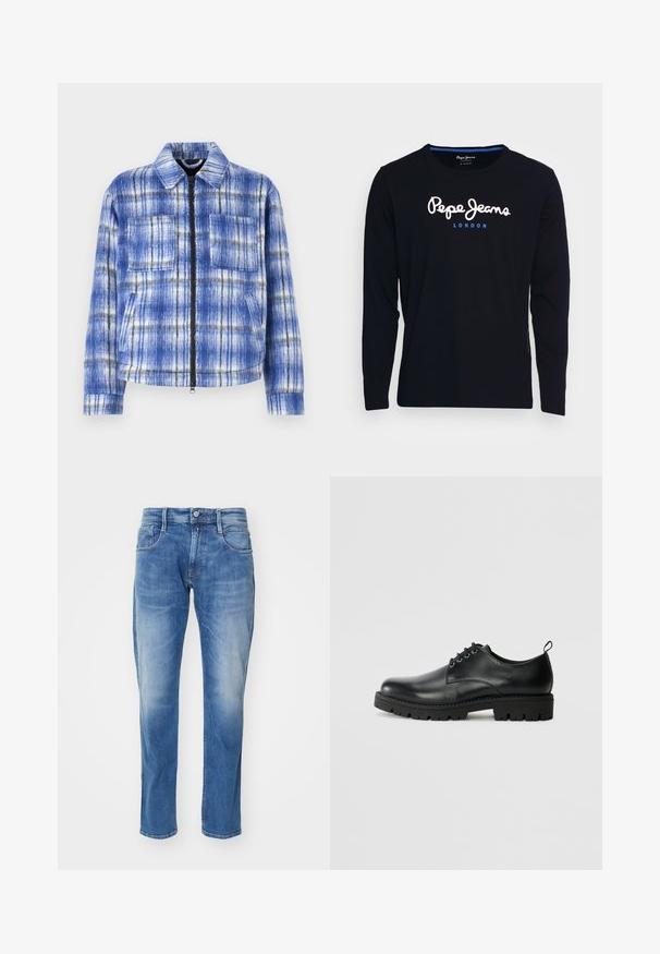 Blauwe geruite jas met een ritssluiting aan de voorkant, twee borstzakken en een gestructureerde kraag. Gemaakt van een textuur stof met witte en zwarte accenten.; Zwart T-shirt met lange mouwen, gemaakt van katoen, met in het midden van de borst witte en blauwe logo-tekst "Pepe Jeans London".; Lichtblauwe denim jeans met een rechte pasvorm, vijf-pocket ontwerp, subtiele vervaging en een standaard tailleband met knoopsluiting.; Zwarte lederen schoen met een ronde neus, voorzien van een vetersluiting, stevige zwarte rubberen zool en een klein hieltabje aan de achterkant.