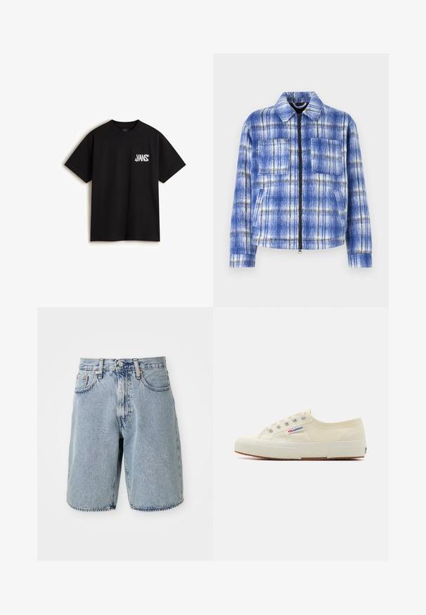 Chaqueta a cuadros azul con cierre delantero, dos bolsillos en el pecho y un cuello estructurado. Fabricada con un tejido texturizado con detalles en blanco y negro.; Vans CHAOS - Camiseta estampada - black; Pantalones cortos de mezclilla celeste con cintura alta, corte recto, dobladillo deshilachado, cinco bolsillos y cierre de botón. Textura desgastada visible.; Zapatillas de lona beige con un diseño de perfil bajo, ojales de metal y suela de goma. Presenta un patrón texturizado y detalle del logo en el lateral.