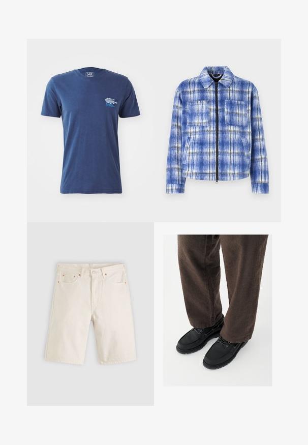 Blau karierter Mantel mit Reißverschluss vorne, zwei Brusttaschen und strukturiertem Kragen. Hergestellt aus strukturiertem Stoff mit weißen und schwarzen Akzenten.; Dunkelblaues Baumwoll-T-Shirt mit kurzen Ärmeln, rundem Ausschnitt und einem grafischen Design eines Hands sowie Text im Bereich der linken Brust.; Off-white Jeans-Shorts mit vorderen Taschen, Gürtelschlaufen und Knopfverschluss, flach auf einem neutralen Hintergrund ausgebreitet.; Schwarze Lederschuhe mit glatter Oberfläche, abgerundeter Spitze und Schnürdesign, kombiniert mit strukturierten braunen Hosen. Bodennahaufnahme.