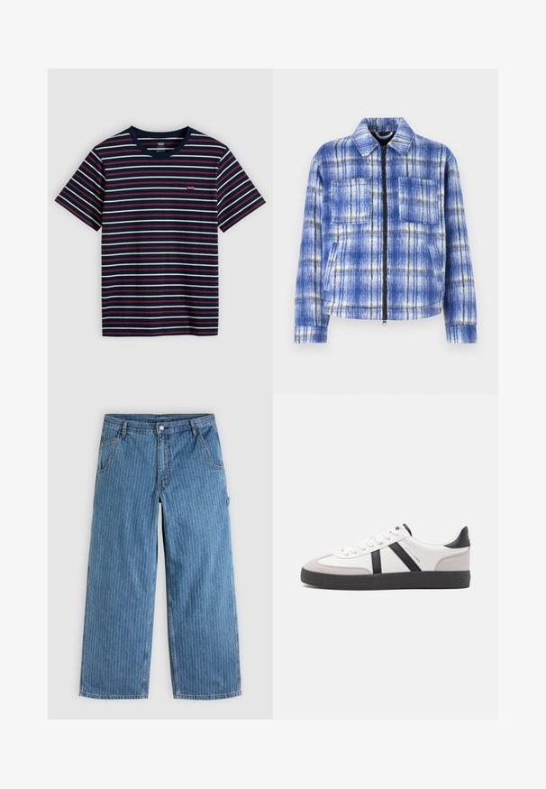 Veste à carreaux bleus avec fermeture éclair à l'avant, deux poches poitrine et un col structuré. Fabriquée dans un tissu texturé avec des accents blancs et noirs.; T-shirt bleu marine à manches courtes avec des rayures horizontales blanches et rouges ainsi qu'un petit logo Levi's rouge sur la poitrine.; Jean bleu à jambes larges avec fines rayures verticales blanches, poches avant, passants pour ceinture et fermeture par bouton à la taille.; Baskets blanches avec des accents noirs et gris, présentant un embout texturé gris, une semelle en caoutchouc noir et des lacets plats blancs. Design épuré, style minimaliste.