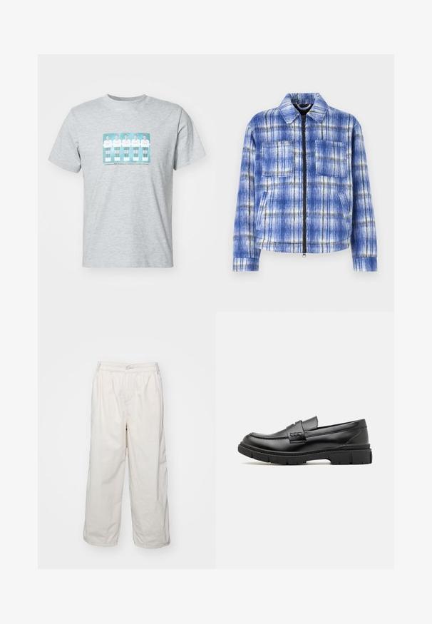 Veste à carreaux bleus avec fermeture éclair à l'avant, deux poches poitrine et un col structuré. Fabriquée dans un tissu texturé avec des accents blancs et noirs.; T-shirt en coton gris avec un imprimé central représentant cinq footballeurs en maillots blancs avec des accents teal, col rond et manches courtes.; Pantalons larges en coton blanc avec une taille élastique, dotés d'une fermeture à bouton sur le devant et de poches latérales. Texture lisse et design minimaliste.; Mocassin en cuir noir avec une large sangle sur le devant, semelle en caoutchouc à épaisse rainure, et texture lisse. Design classique et élégant.