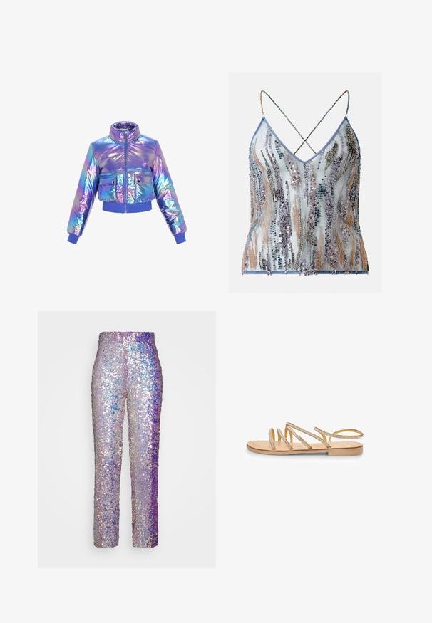 Iridescent cropped pufferjack uit met een hoge kraag, ritssluiting, twee voorzakken en elastische mouwen en zoom in paarse en blauwe tinten.; Lichtblauwe doorschijnende camitop met dunne paillettenbandjes en krullende kralen- en paillettenversieringen in zilver, goud en blauw.; VACLAV IRRIDESCENT SEQUIN PANTS - Broek - purple; Gouden platte sandalen met meerdere kruislings geplaatste banden versierd met kleine heldere rhinestones. Beschikt over een platte zool en een open hielontwerp.