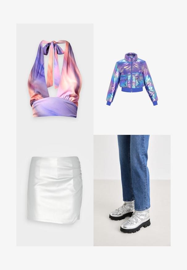 Veste courte en duvet irisé avec un col haut, fermeture éclair, deux poches avant et des poignets et un ourlet élastiqués dans des teintes de violet et de bleu.; Haut à col halter en tissu doux, présentant des nuances de rose et de violet pastel, avec un bandeau élastique froncé et des liens au dos.; Even&Odd by Zalando Short - silver; Bottines argentées métalliques avec une semelle noire robuste, présentant un dessus rembourré et des lacets, associées à un jean droit bleu.