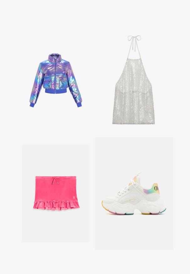 Iridescent lühike puffer-jakk, millel on kõrge krae, tõmblukuga sulgemine, kaks esist pocketit ning elastsed mansetid ja alläär lilla ja sinistes toonides.; Hõbedane satiinist põll, millel on kaela ümber seotud rei. Omab kerget kangast, mis on kaetud väikeste ümmarguste sädelevate ketastega, peegeldades valgust ja tekstuuri.; Roosa samet-seelik, millel on laineline äär, stringiga vöökoht ja hõbedased detailid. Sile tekstuur ja juhuslik disain.; Valged jämedad tennised vikerkaaremärgistega kandadel ja keelel, paksu tekstuuriga tallaosadega, millel on mitmevärvilised haardepinnad, ning paeltega kinnitusega.