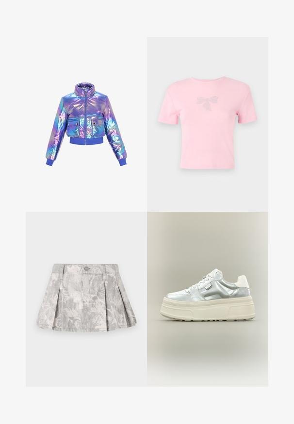 Iridescent cropped pufferjack uit met een hoge kraag, ritssluiting, twee voorzakken en elastische mouwen en zoom in paarse en blauwe tinten.; Korte mouwen roze katoenen t-shirt met een strikontwerp versierd met rhinestones aan de voorkant. Ronde hals, ontspannen pasvorm.; Grijze denim rok met plooien, voorzien van een subtiel bladerenpatroon in lichtere tinten. Klassieke snit met een tailleband en sluiting met metalen knoop.; Chunky plateau sneaker met metallic zilveren bovenwerk, witte veters en dikke crème-gekleurde textuurzool, zijaanzicht op neutrale achtergrond.