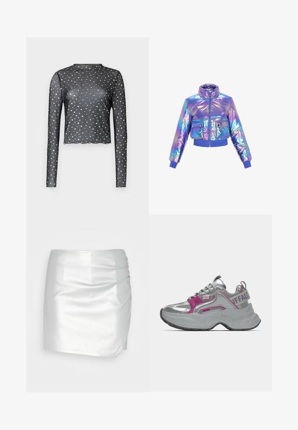 Iridescente, verkürzte Daunenjacke mit hohem Kragen, Reißverschluss, zwei Fronttaschen und elastischen Bündchen und Saum in lila und blauen Farbtönen.; Schwarzes Langarmoberteil aus transparentem Stoff mit einem gewellten Saum und silbernem Sternenprint. Figurbetonter Schnitt.; Even&Odd by Zalando Shorts - silver; Robuster silberner Sneaker mit pinken Akzenten, Mesh-Einsätzen, dicker Sohle und "Buffalo"-Branding auf dem Fersenriemen und an der Seite.