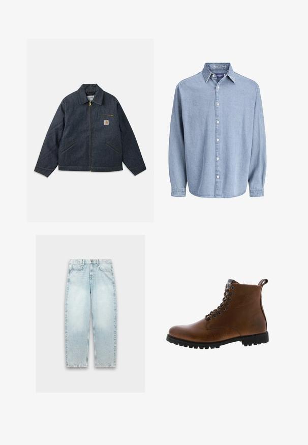 Donkerblauw denimjack met een ritssluiting aan de voorkant, een puntige kraag en twee zijzakken. Voorzien van een borstzak met een logopatch en gele stiknaden.; Lichtblauwe denim lange mouw knoophemd met kraag en witte knopen, weergegeven tegen een effen witte achtergrond.; Lichtblauwe denim jeans met een losse pasvorm, rechte pijpen, vervaagd textuur, vijf-pocket ontwerp en metalen knoopsluiting bij de taille.; Bruine leren enkelbotten met een gestructureerde afwerking, metalen oogjes en een zwarte rubberen profielzool. Voorzien van een trekband aan de achterkant voor gemakkelijke instap.