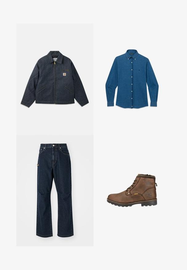 Dunkelblaue Jeansjacke mit durchgehendem Reißverschluss, spitzem Kragen und zwei Seitentaschen. Verfügt über eine Brusttasche mit Logopatch und gelben Nähten.; Blaues Jeanshemd mit langen Ärmeln, durchgehender Knopfleiste, spitzem Kragen und kleinem, gesticktem Logo auf der linken Brust.; Dunkelblaue Jeans aus Denim mit geradem Bein, Vorderaschen und einer Seitentasche. Mit Steppakzenten und einem Knopf-Bund.; Braune Leder-Ankle-Boots mit runder Zehenpartie, Schnürdesign, gepolstertem Kragen und strukturiertem Gummisohle. Mit Logo und Metallelementen ausgestattet.