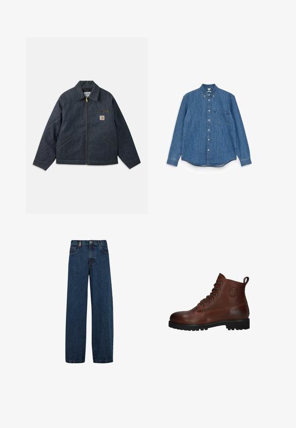 Dunkelblaue Jeansjacke mit durchgehendem Reißverschluss, spitzem Kragen und zwei Seitentaschen. Verfügt über eine Brusttasche mit Logopatch und gelben Nähten.; Blaues Denim-Hemd mit langen Ärmeln, spitzem Kragen, weißen Knöpfen, einer einzelnen Brusttasche und geradem Saum. Gleichmäßige Textur und mittleres Gewicht.; Dunkelblaue Jeans im weiten Schnitt, mit fünf Taschen, klassischem Knopfverschluss und einem Metallreißverschluss.; Braune Lederstiefelette mit strukturiertem Obermaterial, sechs Ösen, einer schwarzen Gummisohle und einer Schlaufe für leichtes Anziehen.