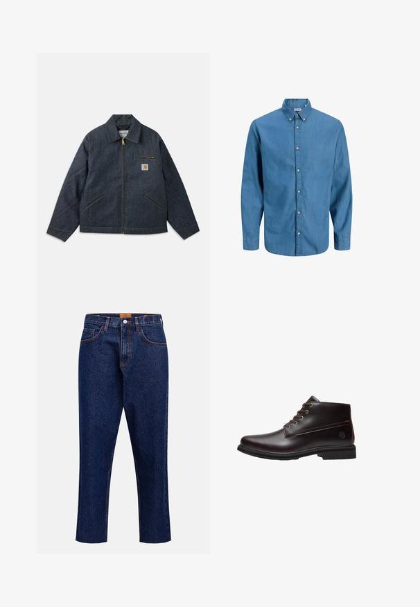 Mørkeblå denimjakke med lynlås foran, spids krave og to sidelommer. Har en brystlomme med logo-patch og gul syning.; Blå skjorte med knapper, lavet af denim, med krave og lange ærmer. Ensartet tekstur med synlige knapper ned ad fronten.; Mørkeblå denimjeans med lige snit, høj talje, fem lommer og frynset kant. Kontrastsyning og detalje med knaplukning.; Mørkebrun læder snørestøvle til anklen med sort sål og subtilt brandlogo på siden, vist i profil mod en hvid baggrund.