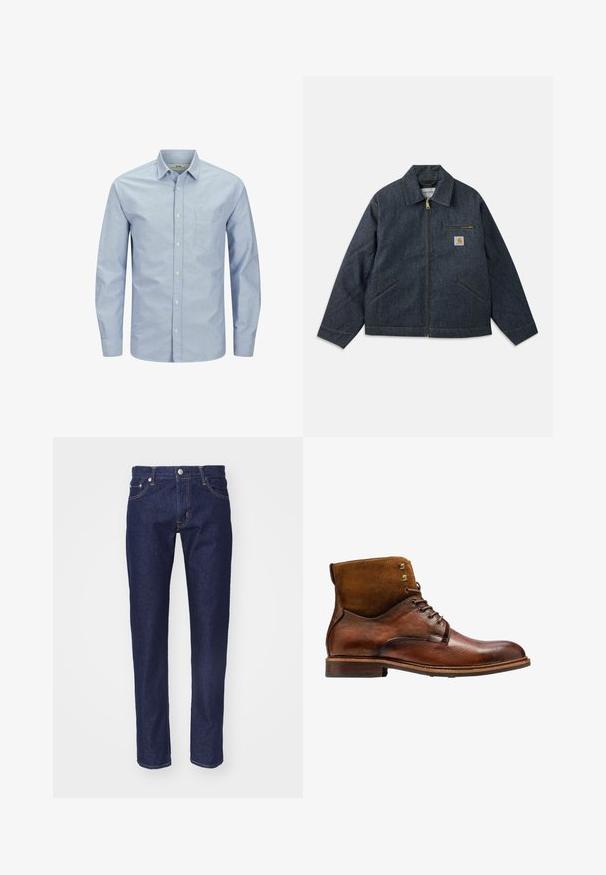 Dunkelblaue Jeansjacke mit durchgehendem Reißverschluss, spitzem Kragen und zwei Seitentaschen. Verfügt über eine Brusttasche mit Logopatch und gelben Nähten.; Helles blaues Langarmhemd mit Knopfleiste und einer Tasche auf der linken Brustseite. Aus weichem Stoff mit glatter Textur und dezentem Logo-Detail gefertigt.; Marineblaue Denim-Jeans mit geradem Schnitt, fünf Taschen, kontrastierendem orangenem Nahtdesign und einem silbernen Knopfverschluss an der Taille.; Kazar ALID - Schnürstiefelette - brown