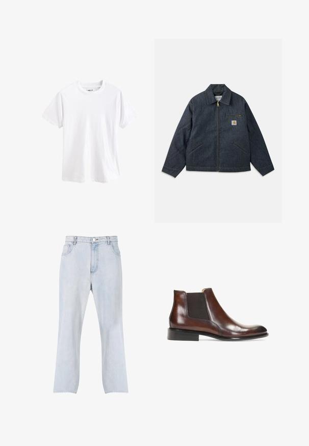 Donkerblauw denimjack met een ritssluiting aan de voorkant, een puntige kraag en twee zijzakken. Voorzien van een borstzak met een logopatch en gele stiknaden.; Effen wit T-shirt met korte mouwen en ronde hals met een zichtbaar merklabel binnenin de kraag.; Lichtblauwe spijkerbroek met rechte pijpen, vooraan knoop- en ritssluiting en ontwerp met vijf zakken.; Bruine leren enkellaars met elastische zijkanten, een gladde afwerking, gestikte details en een lage rechthoekige hak.