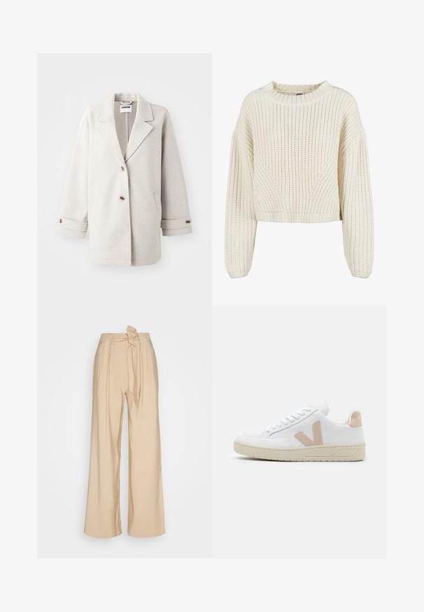 Manteau en laine gris clair avec des revers surdimensionnés, deux boutons, des poignets retroussés et des poches latérales. Texture douce, coupe décontractée et design minimaliste.; Pull en tricot crémeux avec un col rond, des manches larges, des poignets côtelés et un motif texturé. Design court.; Pantalons beige à jambes larges en tissu lisse, avec un détail de taille nouée et des plis sur le devant pour une forme structurée.; Baskets blanches avec des accents en daim beige, bout arrondi et lacets blancs. Semelle en caoutchouc texturé et détail du logo sur le talon.