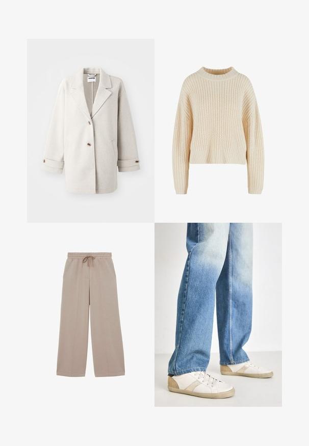 Lichtgrijze wol coat met oversized revers, twee knopen, opgerolde manchetten en zijzakken. Zachte textuur, relaxte pasvorm en minimalistisch ontwerp.; Crèmekleurige gebreide trui met een hoge geribde kraag, brede mouwen en een textuurpatroon over het gehele kledingstuk. Verkorte stijl met een geribde zoom.; Beige wijde broek met elastische taille en trekkoord, met details aan de voornaad en een ontspannen pasvorm.; Witte sneakers met beige accenten en gestructureerde details, gecombineerd met lichtblauwe, iets versleten spijkerbroek in een relaxte pasvorm.