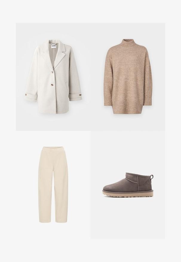 Manteau en laine gris clair avec des revers surdimensionnés, deux boutons, des poignets retroussés et des poches latérales. Texture douce, coupe décontractée et design minimaliste.; Pull en tricot beige avec un col roulé haut, des épaules tombantes et un ourlet côtelé, offrant une texture douce et une coupe décontractée.; Pantalons à jambes larges beiges avec une taille élastique. Fabriqués à partir d'un tissu doux et texturé, présentant une finition lisse et sans motifs supplémentaires.; Chaussure basse en daim marron, modèle slip-on, avec semelle texturée et languette d'aide au chaussage, sur un fond uni.