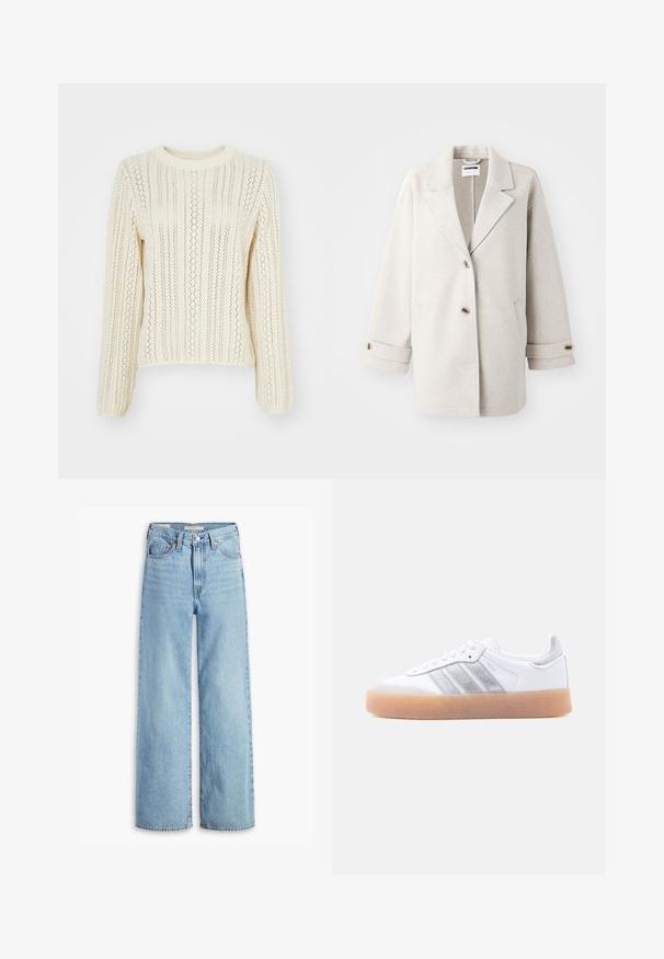 Manteau en laine gris clair avec des revers surdimensionnés, deux boutons, des poignets retroussés et des poches latérales. Texture douce, coupe décontractée et design minimaliste.; Pull en tricot de couleur crème avec un motif texturé de rayures verticales et un design ajouré ; il possède des manches longues et un col rond.; Jean large taille haute en denim bleu clair avec fermeture à bouton et zip à l'avant, passants de ceinture et cinq poches.; Baskets basses blanches avec semelle gomme, accents argentés rayés sur le côté, et fermeture à lacets, présentées sur un fond clair uni.