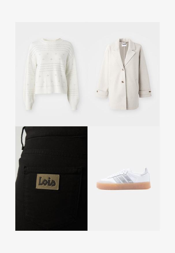 Manteau en laine gris clair avec des revers surdimensionnés, deux boutons, des poignets retroussés et des poches latérales. Texture douce, coupe décontractée et design minimaliste.; Pull en tricot blanc avec des manches ballon, comportant des motifs aérés à pois et rayures. Col ras du cou et ourlet côtelés. Design court.; Pantalons en tissu noir dotés d'une poche arrière avec une étiquette beige embossée du mot "Lois" en lettres foncées. Détails de couture visibles.; Baskets basses blanches avec semelle gomme, accents argentés rayés sur le côté, et fermeture à lacets, présentées sur un fond clair uni.