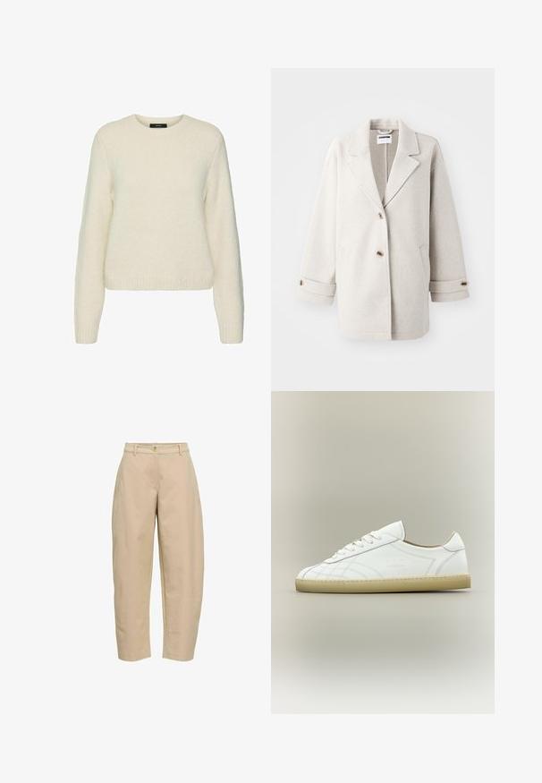 Lys grå uldfrakke med overdimensionerede klapkraver, to knapper, opbrettede manchetter og sidelommer. Blød tekstur, afslappet pasform og minimalistisk design.; Hvid strikket sweater med rund halsudskæring, lange ærmer og ribbede manchetter og kant. Blød tekstur og afslappet pasform.; Beige højttaljede bukser med knap foran, lynlås, bæltestropper, skrå lommer og lige ben.; Hvid lavtop lædersneaker med beige sål, snøredesign og subtile syede mønstre på neutral baggrund.