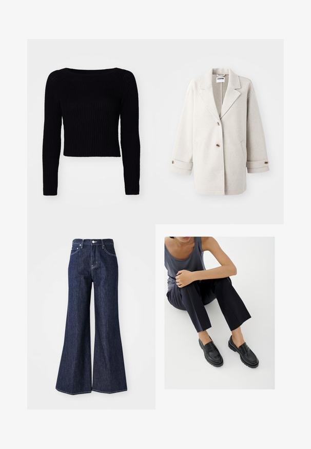 Manteau en laine gris clair avec des revers surdimensionnés, deux boutons, des poignets retroussés et des poches latérales. Texture douce, coupe décontractée et design minimaliste.; Pull en tricot noir à manches longues avec une texture côtelée et une encolure large ; longueur cropped avec des détails de couture subtils sur les manches.; Jean flare en denim foncé avec taille haute, présentant une fermeture à bouton et zip. Des coutures blanches et des jambes larges créent une silhouette structurée.; Mocassins en cuir noir avec accents texturés, talon bas, bout arrondi, et coutures visibles. Modèle portant un pantalon sombre et un haut gris.