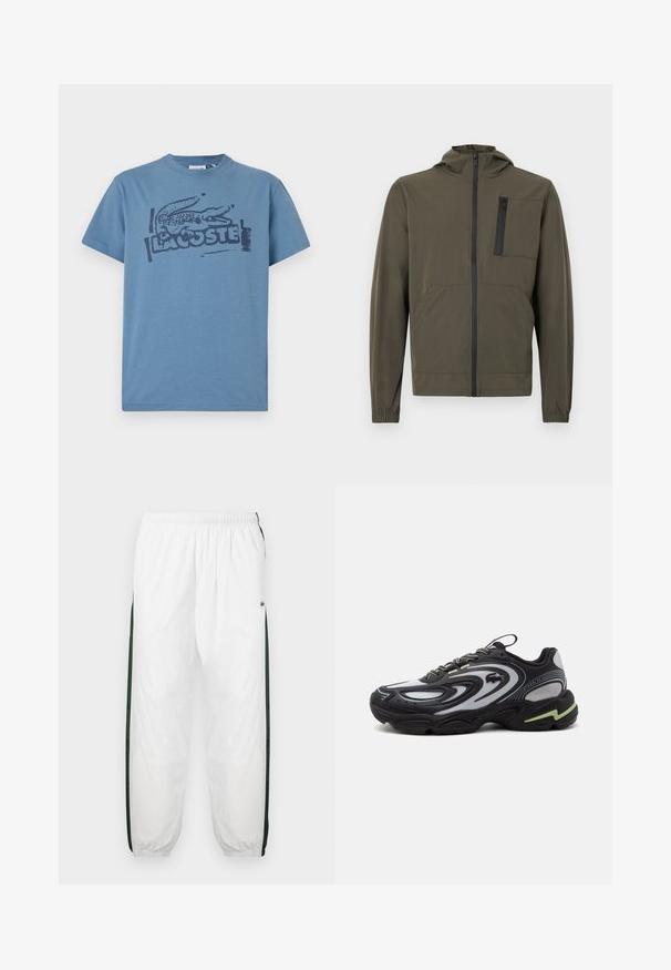 Olivegrüne leichte Jacke mit einem Frontreißverschluss, Kapuze, zwei seitlichen Taschen und einer Brusttasche. Glatte Textur und elastische Bündchen.; Blaues Baumwoll-T-Shirt mit einem dunklen bedruckten Krokodil-Logo und dem Text "LACOSTE". Rundhalsausschnitt, kurze Ärmel, lockere Passform.; Weiße Trainingshose mit dunkelgrünen Seiteneinsätzen. Leichtes Material, elastischer Bund und gerippte Säume. Mit Netzstruktur an den Seiteneinsätzen.; Schwarzer und grauer Lacoste Storm 2K Sneaker mit Wellenmustern, Schnürdesign und einer dicken Sohle mit hellgrünem Akzent.