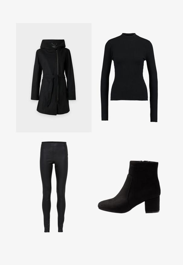 Sort hættefrakke med frontlynlås, bindebånd i taljen og sidelommer. Fremstillet af et glat materiale med et enkelt og stilrent design.; Sort ribbet turtleneck sweatertype med lange ærmer og en tætsiddende pasform, der har en glat tekstur og en struktureret silhuet.; Sorte læderleggings med høj talje, glat tekstur og tætsiddende pasform fra talje til ankel.; Sorte suede ankelstøvler med rund tæe, minimal sidesøm detalje og en kraftig blokhæl. Glat overflade med lynlås lukning bagpå.