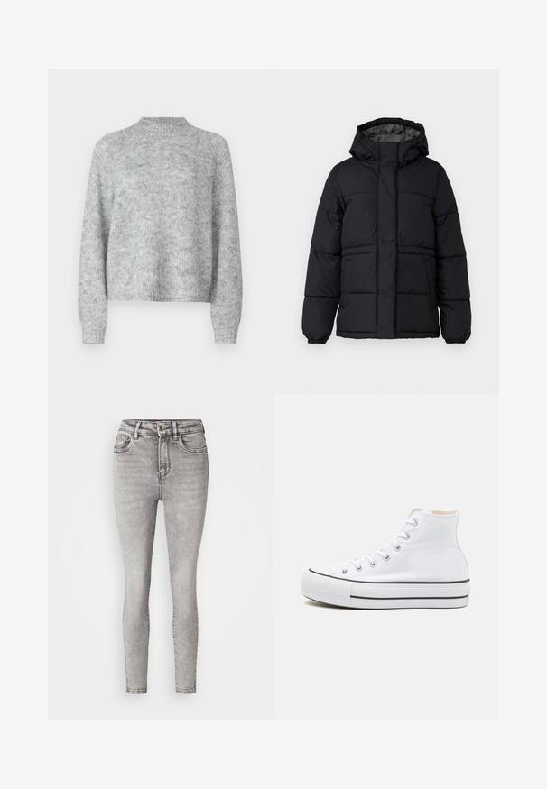 JJXX JXWORLD PUFFER - Winterjas - schwarz; Lichtgrijze trui met hoge nek, lange mouwen en een losse pasvorm. Gemaakt van een textuur gebreide stof met subtiele kleurvariaties.; Grijze skinny jeans met een gemiddelde wassing, hoge taille, vijf zakken en subtiele vervaging. Gemaakt van denim met een soepele textuur. Met knoopsluiting.; Witte hoge sneakers van canvasmateriaal, zwarte rubberen zool en contrasterende zwarte streep op de tussenzool. Circulaire neus en vetersluiting.