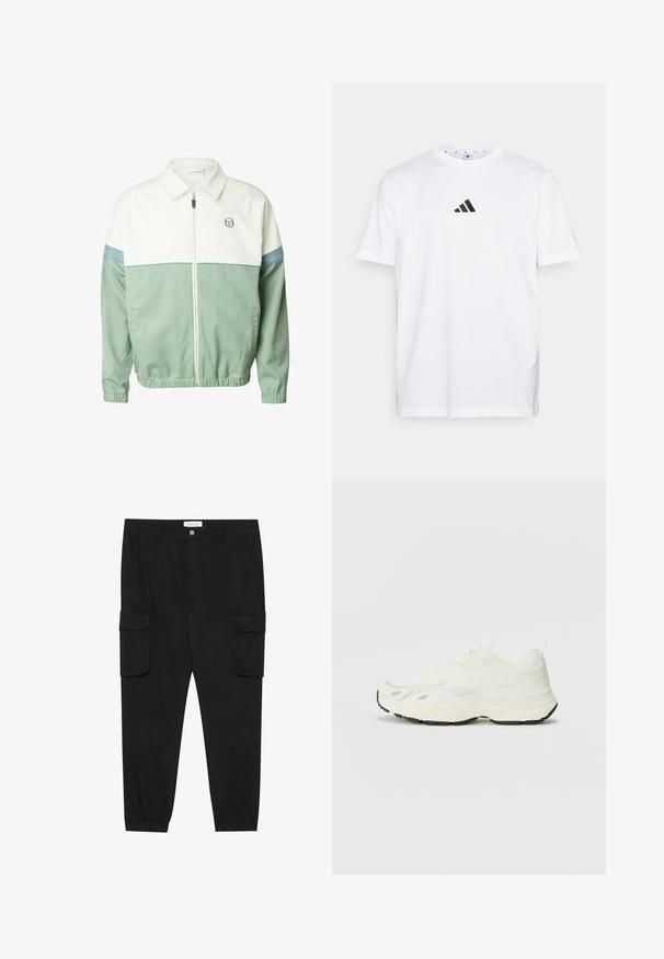 Veste zippée blanc et vert sauge avec col, poignets et ourlet élastiques, logo sur le côté gauche de la poitrine, et détails en rayures bleues sur les manches.; T-shirt en coton blanc avec un petit logo triangulaire noir sur la poitrine, manches courtes et col rond. Design simple et classique.; Pantalons cargo noirs avec des jambes droites, des poignets élastiques et plusieurs poches latérales. Fabriqués en tissu texturé avec une fermeture à bouton.; Maison Kitsuné SORA RUNNERS - Baskets basses - white