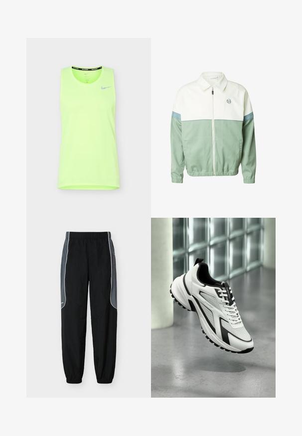 Veste zippée blanc et vert sauge avec col, poignets et ourlet élastiques, logo sur le côté gauche de la poitrine, et détails en rayures bleues sur les manches.; Débardeur de course Nike sans manches vert néon vif avec logo swoosh réfléchissant sur la poitrine gauche sur fond blanc.; Pantalon de survêtement noir avec des panneaux latéraux gris foncé et un liseré blanc, taille et poignets élastiques, présenté sur un fond blanc.; Chaussure de sport Calvin Klein blanche et noire avec semelle texturée, lacets à l'avant et languette brandée, flottant au-dessus d'un sol en béton poli.