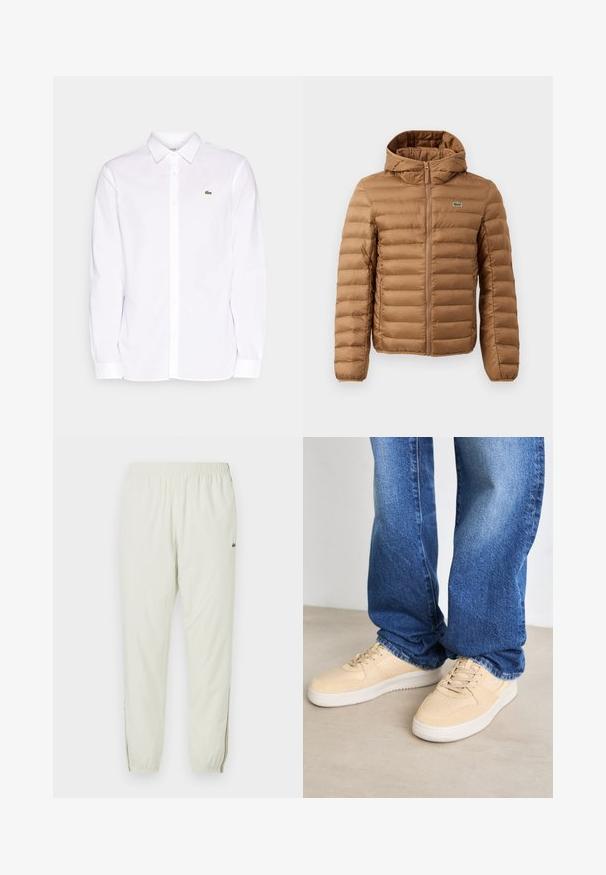 Chaqueta acolchada marrón con capucha, que presenta un diseño de acolchado horizontal y un cierre frontal con cremallera. Incluye un pequeño logo en el lado izquierdo del pecho.; Camisa blanca de manga larga hecha de algodón, que presenta un collar tipo button-down, un logo bordado verde en el lado izquierdo del pecho y puños rectos.; Joggers ligeros en crema con una cintura elástica, tobillos ajustados, aberturas laterales y un pequeño logo verde en la parte superior del muslo.; Zapatillas beige con textura suave, detalles perforados y suela de goma blanca, combinadas con pantalones vaqueros azul denim.