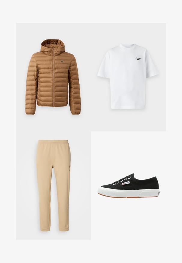 Bruine gewatteerde jas met capuchon, uitgerust met een horizontaal gestikt ontwerp en een rits aan de voorkant. Bevat een klein logo op de linkerborst.; Witte katoen t-shirt met korte mouwen, met de tekst "Jeu Set et Match" en een klein groen logo op de linkerkant van de borst. Klassieke pasvorm.; Beige katoenen sweatpants met een elastische tailleband, taps toelopende pijpen en zijborduursel, met een zachte textuur en een eenvoudig design.; Zwarte canvas sneakers met een witte rubberen zool en een bruine gumzool. Voorzien van een ronde neus, vetersluiting en een klein logo-label aan de zijkant.