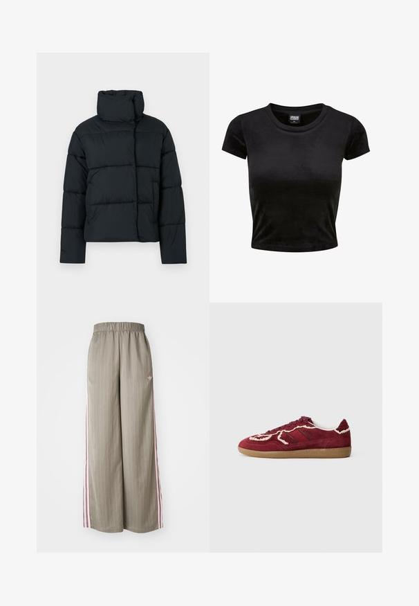 Musta toppatakki, jossa korkea kaulus, tikattu kuvio ja laatikkomainen istuvuus. Edessä vetoketju, ei näkyviä metalliosia.; Mustavärinen lyhythihainen crop-top, joka on valmistettu pehmeästä, samettisesta materiaalista. Ominaisuutena on klassinen pyöreä pääntie ja yksinkertainen muotoilu ilman painokuvioita tai koristeita.; Vaalean oliivinvihreät leveät housut, joissa on pystysuorat raidoitukset, joustava vyötärö ja vaaleanpunaiset sivuraidat. Housuissa on pieni logo lantiolla.; Punaisesta nupukkinahasta valmistetut tennarit, joissa on vaaleancreme-korostuksia ja -ommelluksia, kumipohja, tekstuuripinnoite ja matala profiili.