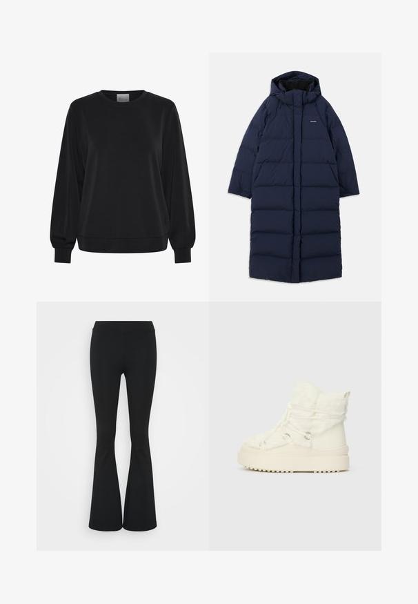 Mørkeblå lang puffjakke med hætte, rektangulært design, quiltet mønster, frontlynlås og indvendig foering. Har justerbare snore.; Sort sweatshirt med lange ærmer, rund hals og ribbede manchetter. Har en glat tekstur og et diskret logo-detalje på fronten.; Sorte flagrende bukser lavet af strækbart stof, med en høj talje og en glat tekstur. Bukserne flared fra knæet.; Hvide ankelstøvler med pelsfor og en kraftig gummisål, der har snørebånd og metalhardwaredetaljer. Blød tekstur og varm isolering.