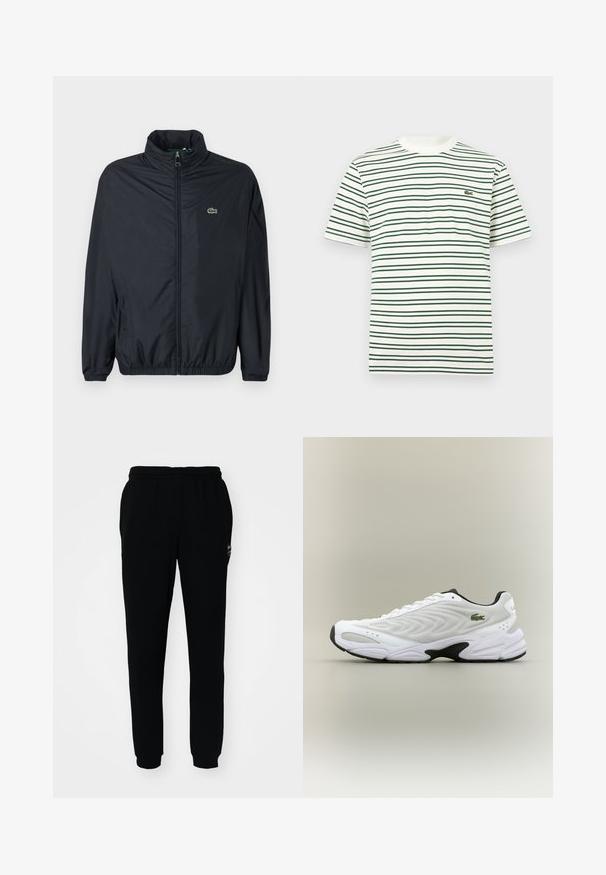 Schwarze Windbreaker-Jacke mit hohem Kragen, Frontreißverschluss und elastischen Bündchen. Verfügt über ein kleines grünes Logo auf der linken Brustseite. Leichtes Material.; Weißes T-Shirt mit kurzen Ärmeln, dünnen dunkelgrünen und beigen horizontalen Streifen sowie einem kleinen grünen Krokodil-Logo auf der linken Brust.; Schwarze Jogginghose mit elastischem Bund und Bündchen. Aus weichem Stoff gefertigt, mit einem kleinen Logo auf der oberen linken Seite.; Weißer Sportschuh mit strukturiertem Mesh-Obermaterial, geschwungenem Design und kontrastierender schwarzer Laufsohle. Mit grünem gesticktem Logo an der Seite.