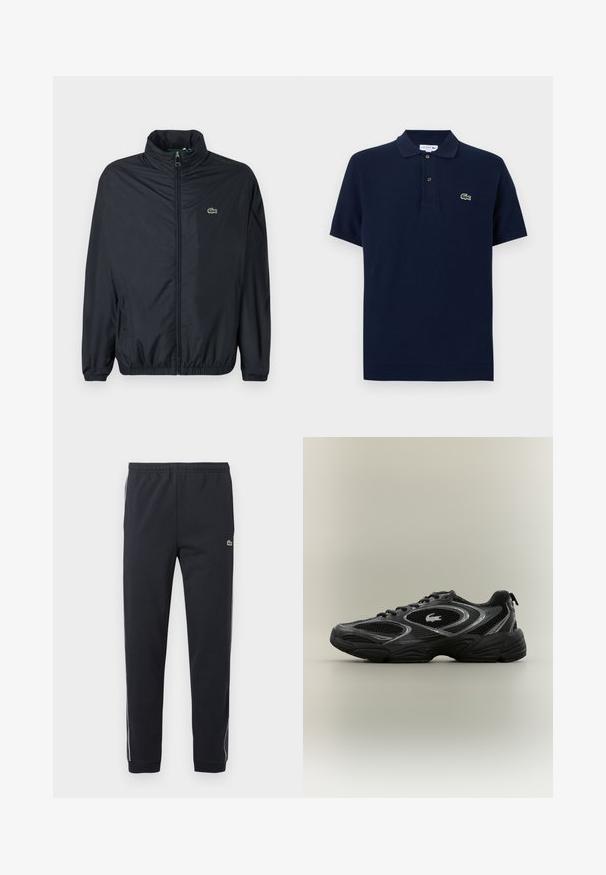 Veste coupe-vent noire avec un col montant, une fermeture éclair à l'avant et des poignets élastiques. Présente un petit logo vert sur la poitrine gauche. Matière légère.; Polo à manches courtes bleu marine avec un col à deux boutons et un petit logo crocodile vert sur le côté gauche de la poitrine.; Pantalon de sport noir avec taille élastique, jambes fuselées, bandes latérales blanches et petit logo crocodile vert sur la cuisse droite.; Baskets de sport noires et grises avec des panneaux en mesh, un design à lacets, une semelle épaisse et un petit logo de crocodile sur le côté.
