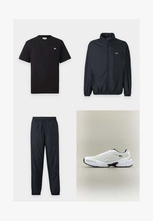 Sort vindjakke med høj krave, lynlås foran og elastiske ærmekanter. Har et lille grønt logo på venstre bryst. Letvægtsmateriale.; Sort bomuld t-shirt med rund hals. Har et lille broderet Lacoste-logo i grøn og hvid på brystet. Korte ærmer, almindelig pasform.; Sorte, letvægts, vandafvisende bukser med elastisk talje og opsmøgede manchetter ved anklerne. Glat tekstur, uden synlige mønstre eller accenter.; Hvide atletiske sko med tekstureret mesh-overdel, buet design og kontrasterende sort ydersål. Har en grøn broderet logo på siden.