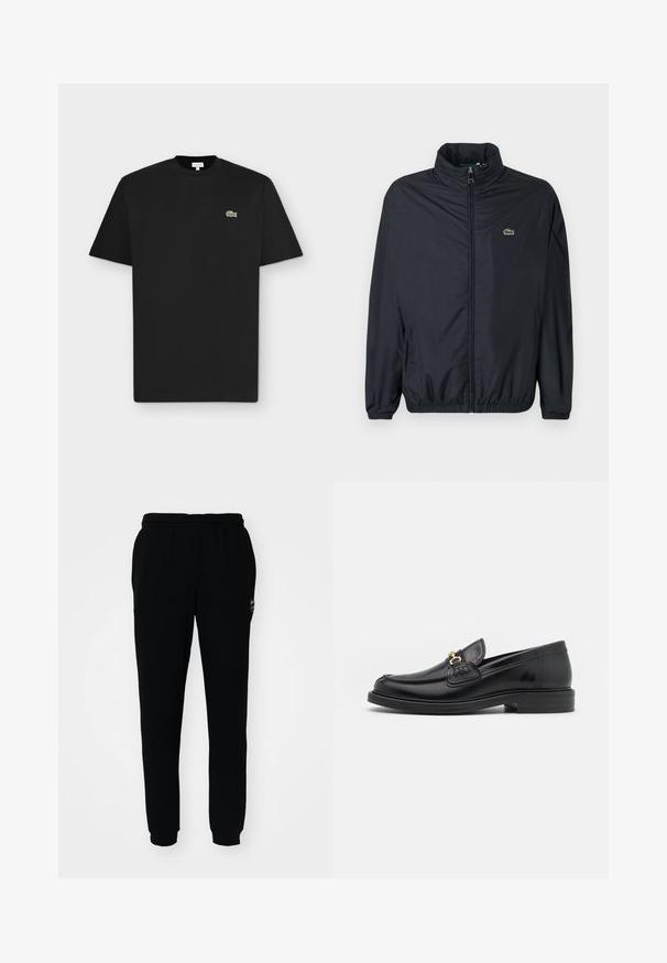 Schwarze Windbreaker-Jacke mit hohem Kragen, Frontreißverschluss und elastischen Bündchen. Verfügt über ein kleines grünes Logo auf der linken Brustseite. Leichtes Material.; Schwarzes kurzärmliges T-Shirt mit Rundhalsausschnitt und kleinem grünem Krokodil-Logo auf der linken Brust auf hellgrauem Hintergrund.; Schwarze Jogginghose mit elastischem Bund und Bündchen. Aus weichem Stoff gefertigt, mit einem kleinen Logo auf der oberen linken Seite.; Schwarze Lederleter mit einer abgerundeten Zehenpartie, ausgestattet mit goldenen Hardwareakzenten und Stichdetails, auf einer niedrigen, strukturierten Gummisohle.