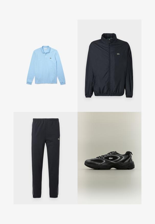 Veste coupe-vent noire avec un col montant, une fermeture éclair à l'avant et des poignets élastiques. Présente un petit logo vert sur la poitrine gauche. Matière légère.; Polo-shirt à manches longues bleu clair avec col, doté d'un logo Lacoste vert sur la partie gauche de la poitrine. Fabriqué en doux coton.; Pantalon de sport noir avec taille élastique, jambes fuselées, bandes latérales blanches et petit logo crocodile vert sur la cuisse droite.; Baskets de sport noires et grises avec des panneaux en mesh, un design à lacets, une semelle épaisse et un petit logo de crocodile sur le côté.