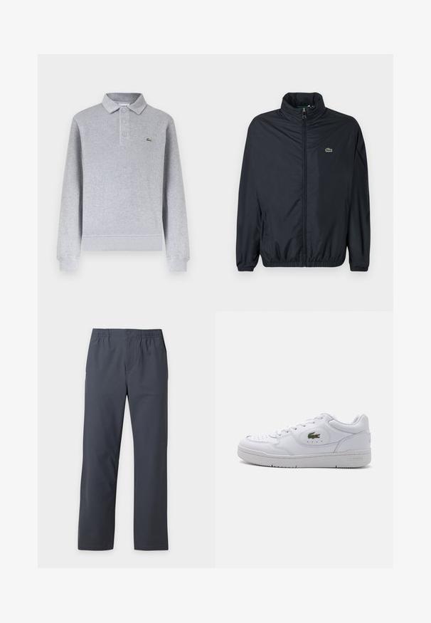 Veste coupe-vent noire avec un col montant, une fermeture éclair à l'avant et des poignets élastiques. Présente un petit logo vert sur la poitrine gauche. Matière légère.; Polo à manches longues gris clair avec poignets côtelés, trois boutons au col et un petit logo crocodile vert sur la poitrine gauche.; Pantalon droit gris foncé avec taille élastique et fermeture par boutons à l'avant sur un fond uni clair.; Baskets en cuir blanc avec un bout perforé et un logo crocodile vert sur le côté extérieur. Comprend une semelle plate et un design à lacets.