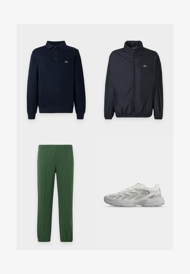 Zwart windjack met hoge kraag, ritssluiting aan de voorkant en elastische manchetten. Voorzien van een klein groen logo op de linkerborst. Lichtgewicht materiaal.; Marineblauwe lange mouwen polo shirt met knoopsluiting en klein groen krokodillenlogo op de borst.; Groene joggingbroek van zacht materiaal; heeft een elastische tailleband, taps toeloopende pijpen en een klein logo aan de zijkant.; Witte sportschoen met golfachtige patronen, meshpanelen en dikke gevoerde zool, van opzij getoond op een egale lichte achtergrond.
