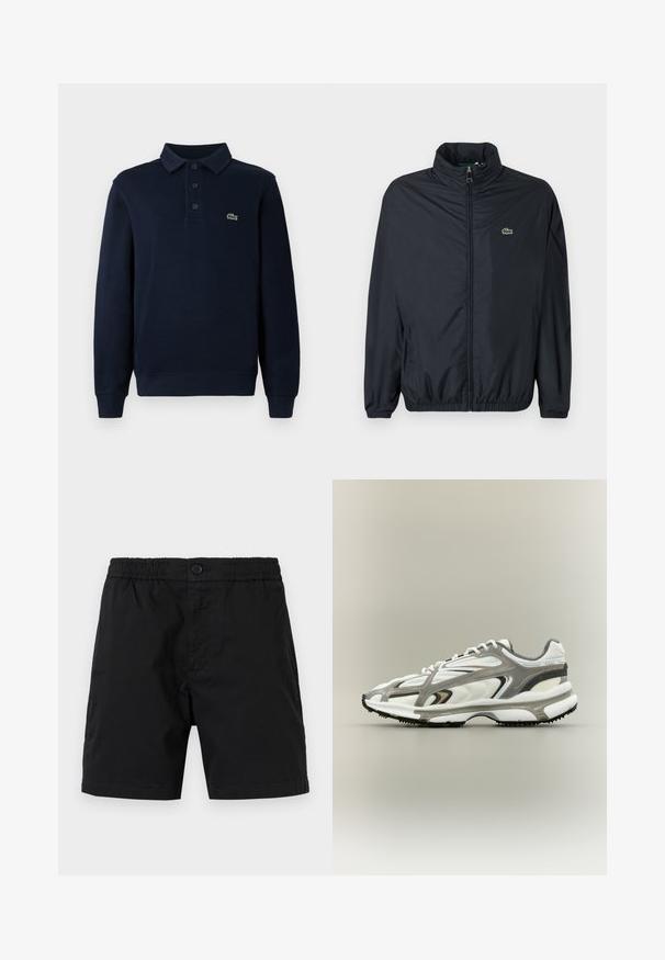 Schwarze Windbreaker-Jacke mit hohem Kragen, Frontreißverschluss und elastischen Bündchen. Verfügt über ein kleines grünes Logo auf der linken Brustseite. Leichtes Material.; Navyblaues Langarm-Polohemd mit Knopfleiste und kleinem grünen Krokodil-Logo auf der Brust.; Schwarze Herren-Shorts mit elastischem Bund, Knopfverschluss und mittellanger Länge bis zur Mitte des Oberschenkels, dargestellt vor neutralem Hintergrund.; Sportschuh mit einem weißen Mesh-Obermaterial, grauen Akzenten, schwarzer Gummisohle und einem aerodynamischen Design. Verfügt über Schnürsenkel und strukturierte Details.