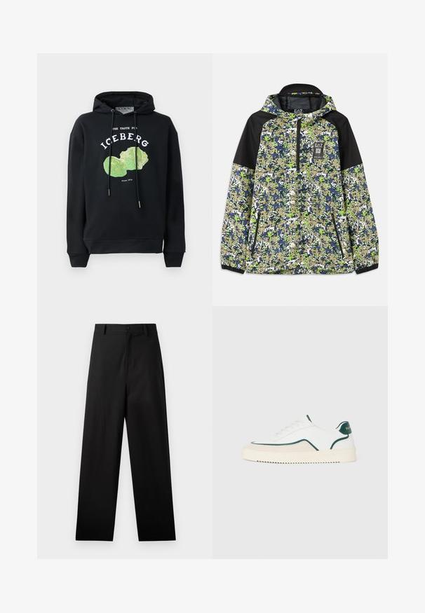 Veste avec capuche et demi-glissière, présentant un motif camouflage bleu, vert, blanc et beige avec des panneaux d'épaule noirs et des poches zippées à l'avant.; Sweat à capuche noir avec cordons et graphique frontal d'un design de laitue verte. Comprend du texte imprimé : "LE GOÛT DE L'ICEBERG" et "Depuis 1974."; Pantalons noirs en coton avec une coupe droite, dotés d'une fermeture à bouton à l'avant et de poches latérales. Texture lisse, sans motifs.; Baskets basses blanches avec des bords verts, des détails en suède beige et une semelle de couleur crème avec un fond rainuré.