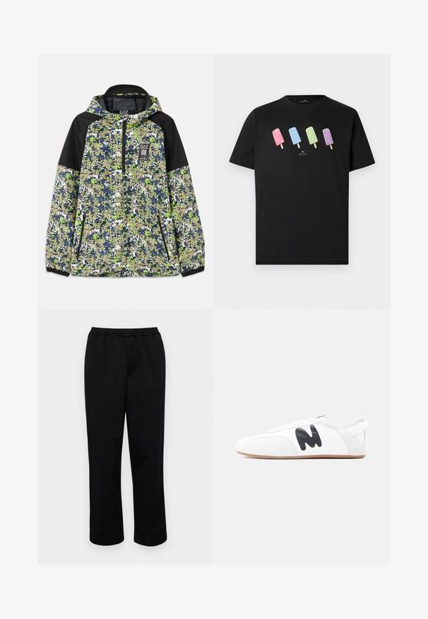Veste avec capuche et demi-glissière, présentant un motif camouflage bleu, vert, blanc et beige avec des panneaux d'épaule noirs et des poches zippées à l'avant.; T-shirt noir à manches courtes avec quatre glaces colorées en rose, bleu, vert et violet sur la poitrine, accompagné d'un petit texte blanc en dessous.; Pantalons noirs mi-longs avec une taille élastique. Fabriqués en tissu lisse, présentant une coupe décontractée et sans poches ni embellissements visibles.; Baskets blanches à profil bas avec un logo "M" noir sur le côté et une semelle brun clair, vues de l'extérieur sur un fond uni.